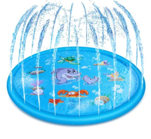 Blue PVC children's water spray play mat with marine animal graphics measuring 100cm by 170cm