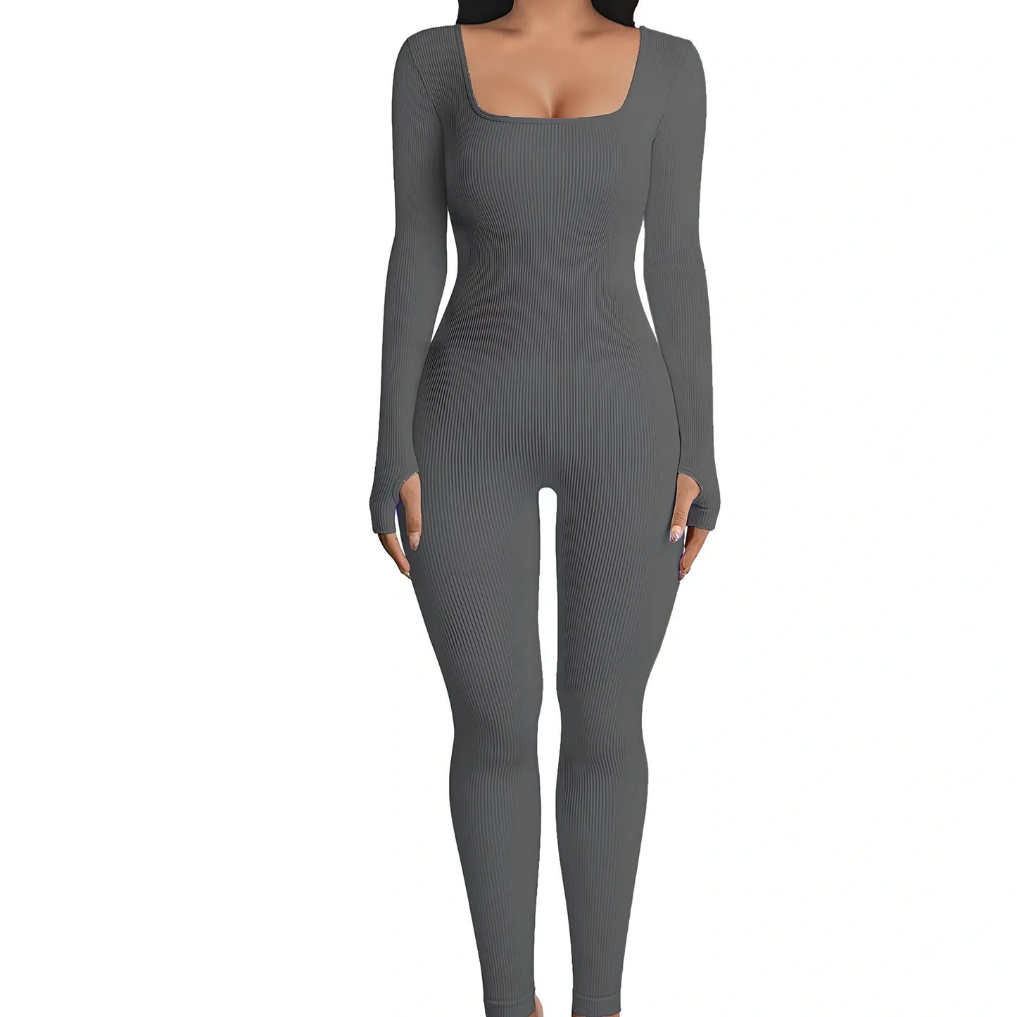 Women's black long sleeve square collar jumpsuit in polyester, size M, for yoga and street hipster style, 70cm inseam