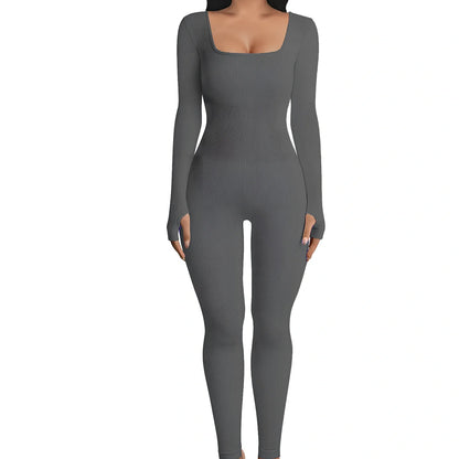 Women's black long sleeve square collar jumpsuit in polyester, size M, for yoga and street hipster style, 70cm inseam