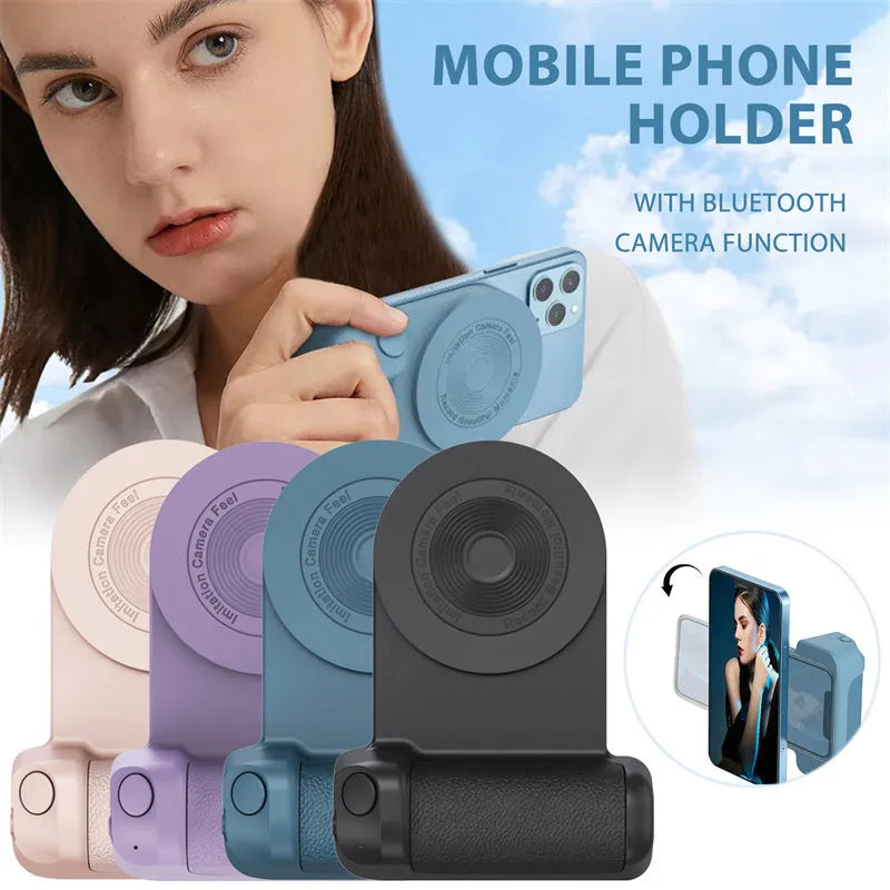 Black magnetic 3-in-1 phone camera grip and stand with ergonomic handle on a table