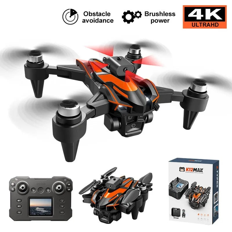 K12MAX brushless folding UAV drone in orange with screen remote control and obstacle avoidance sensors