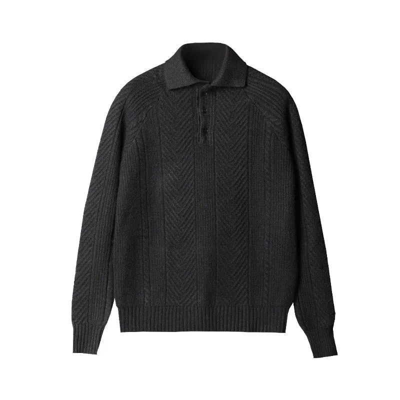 Men's thickened warm base sweater with stand collar and lapel in apricot colour