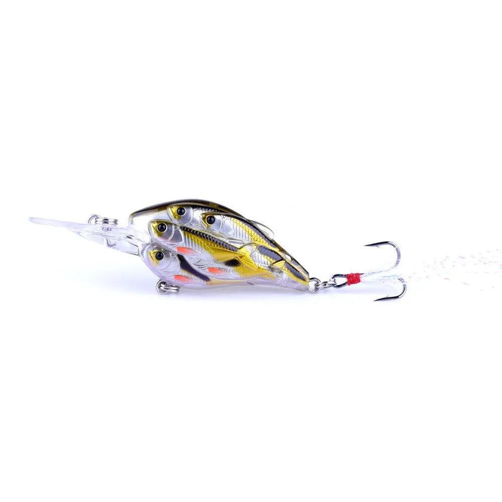 A 7.5 cm long ABS plastic fishing lure with a feather hook, shown in one of nine available colours.