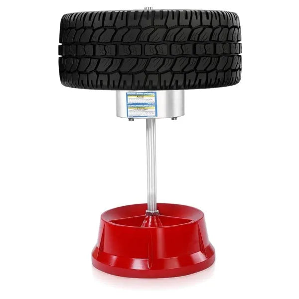 Portable aluminium hub wheel balancer with bull's eye level on enamel base.