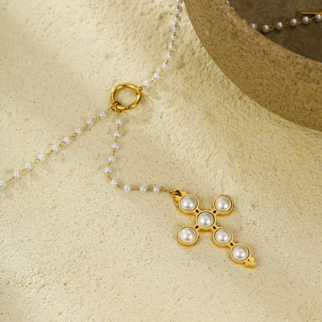 18K electroplated stainless steel cross pendant pearl necklace for women adjustable 41-50cm chain