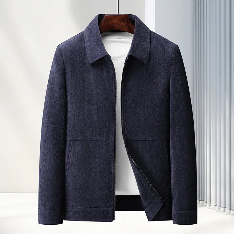 Men's slim fit lapel jacket in dark blue polyvinyl alcohol fibre fabric, front view.