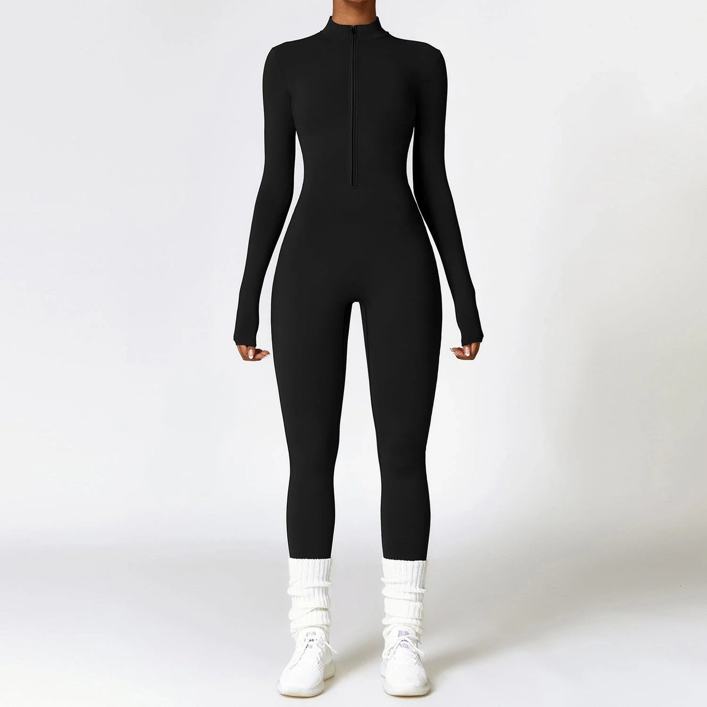 A versatile zippered athletic jumpsuit in various colors, ideal for yoga, fitness, and sports activities