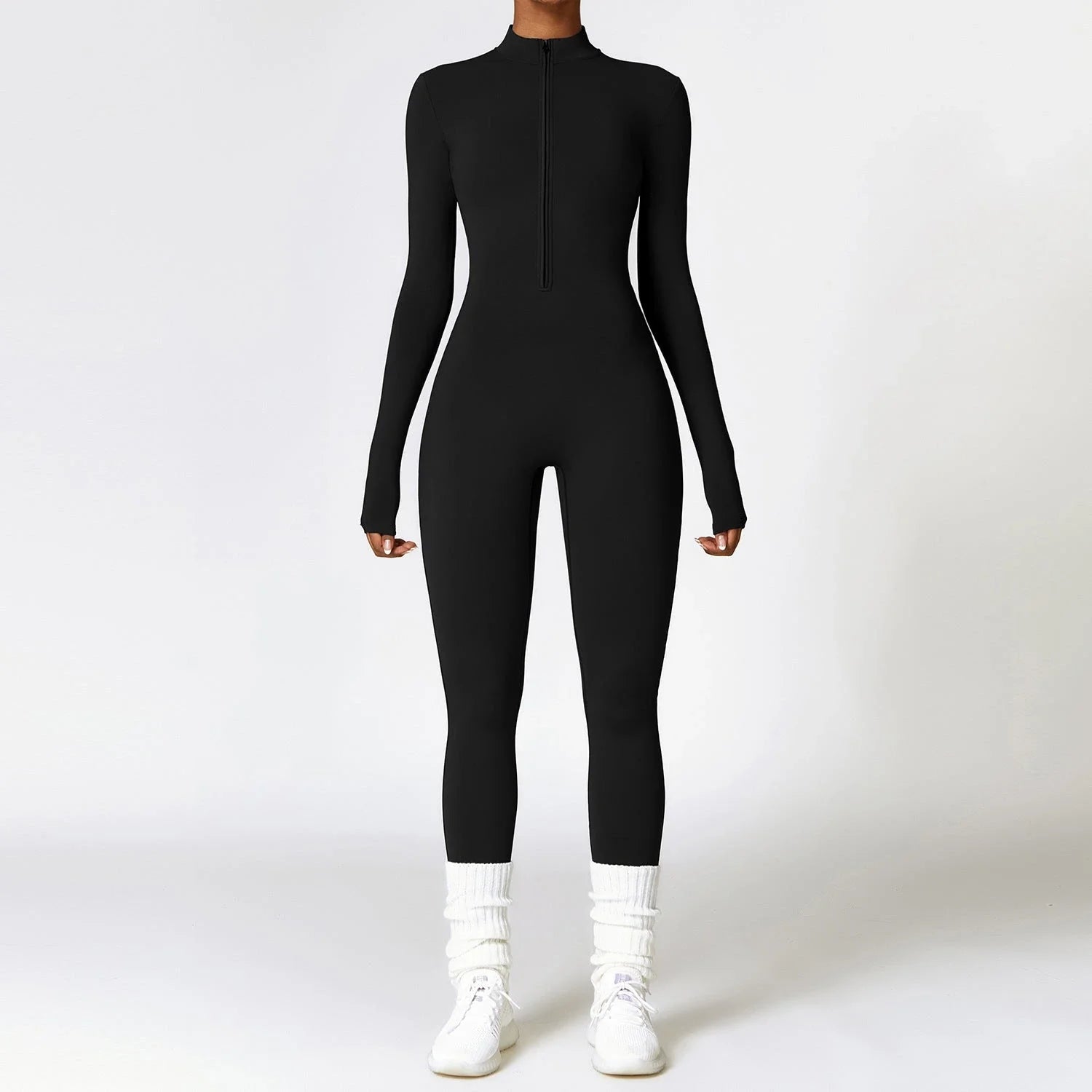 A versatile zippered athletic jumpsuit in various colors, ideal for yoga, fitness, and sports activities