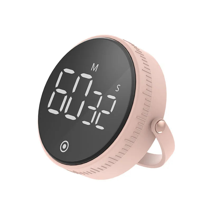 Black rotary digital timer with LED display showing 00:00, compact size