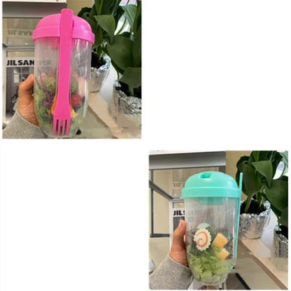 Modern minimalist salad cup with fork and cover in four colours, 1000ml capacity