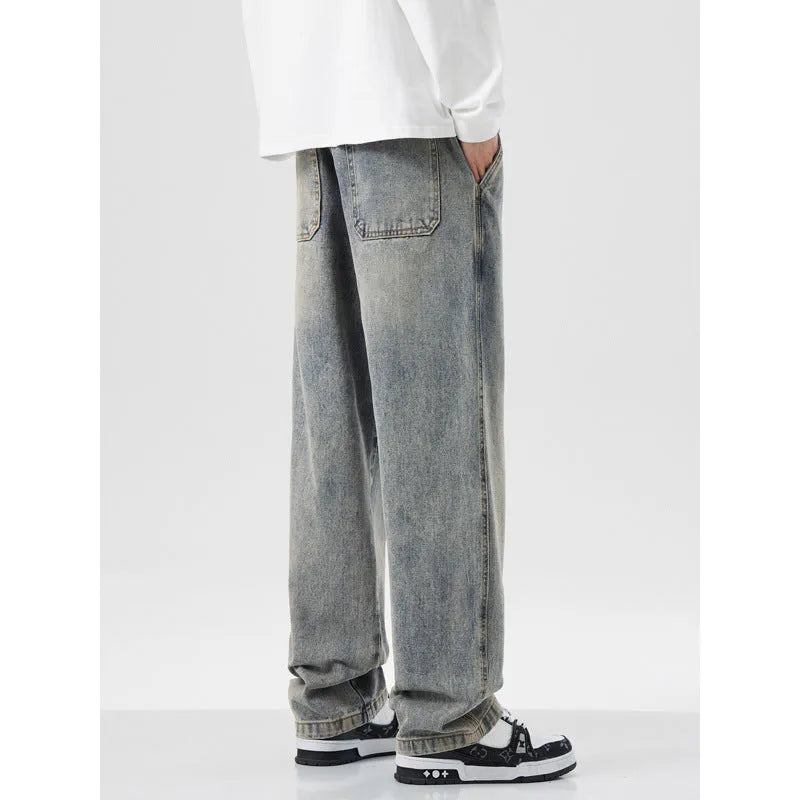 Retro loose straight-leg denim pants for men with rope closure in retro blue colour