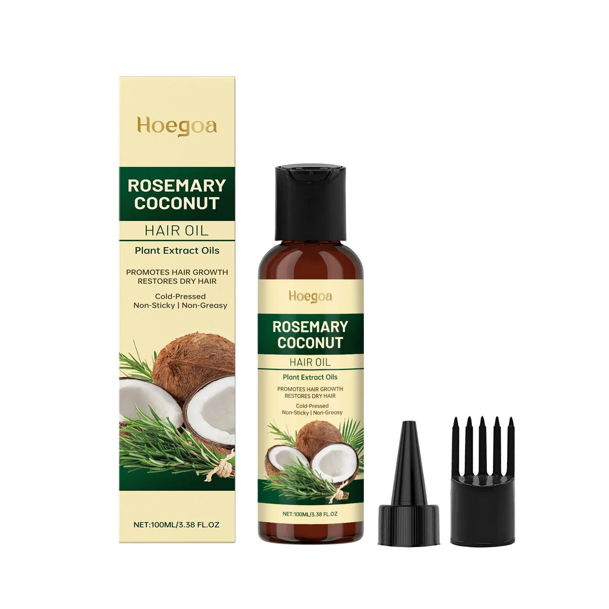 100ml rosemary coconut hair oil with squeeze head and comb head applicators for nourishing hair care