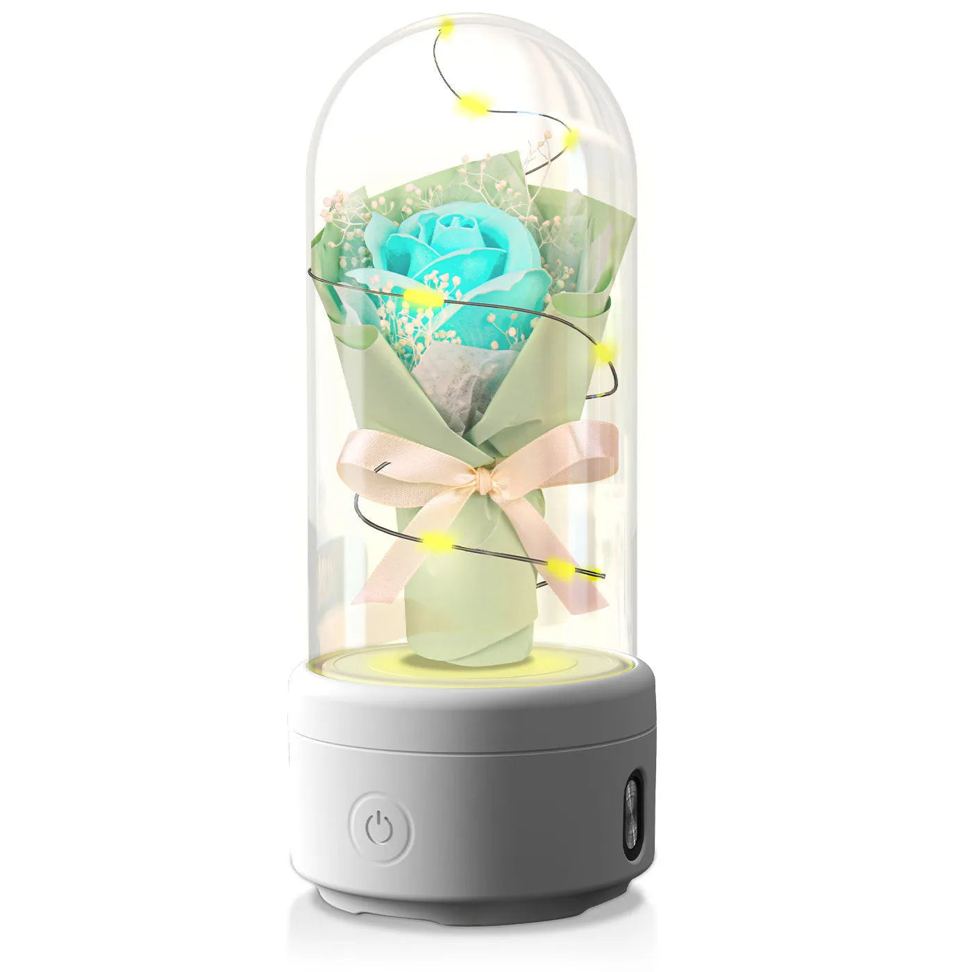 Rose-shaped LED bouquet night light with Bluetooth speaker enclosed in glass cover