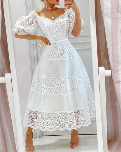 Elegant white V-neck lace stitching dress with puff sleeves and large hem