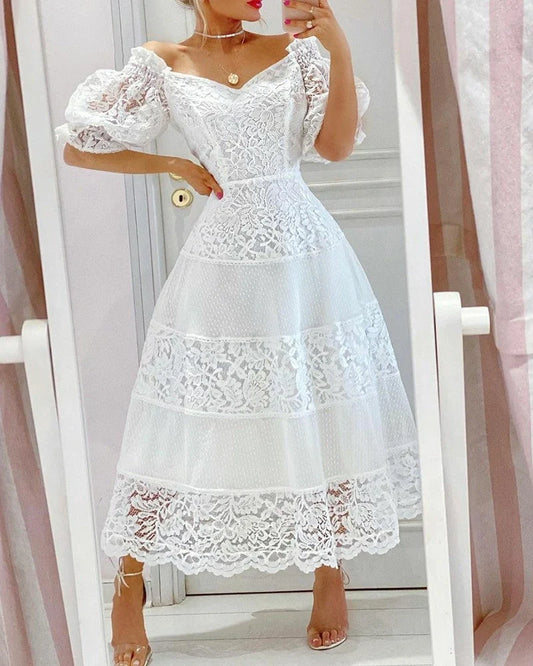 Elegant white V-neck lace stitching dress with puff sleeves and large hem