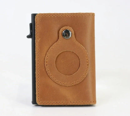 Slim leather wallet with built-in AirTag pocket for men, featuring RFID protection and a minimalist design