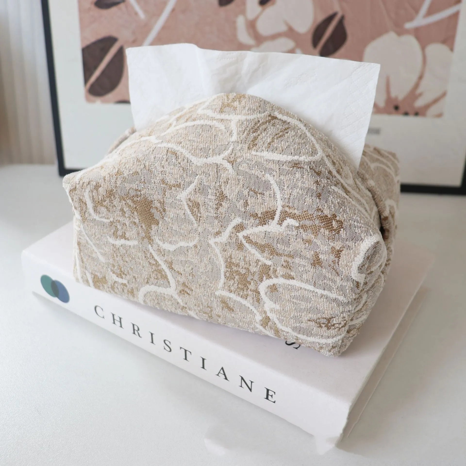 Chinese pastoral style cotton fabric tissue box with rose pattern and drawer in beige, blue, and brown.
