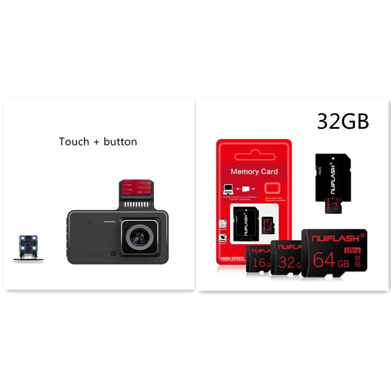 4-inch touch screen dashboard camera with dual lens on adhesive mount