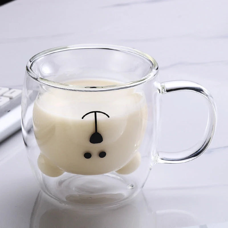 Creative Bear Double Coffee Milk Glass Cup for kids in four colours