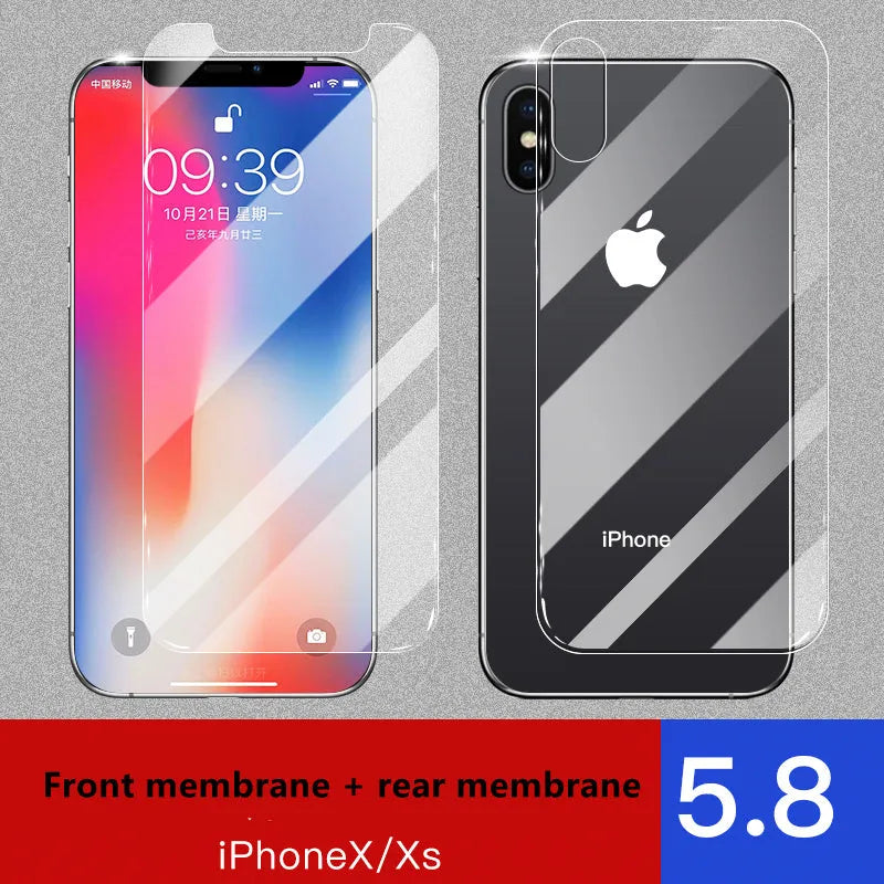 iPhone tempered glass screen protector and rear camera protector film set for 11, X, and XS models.