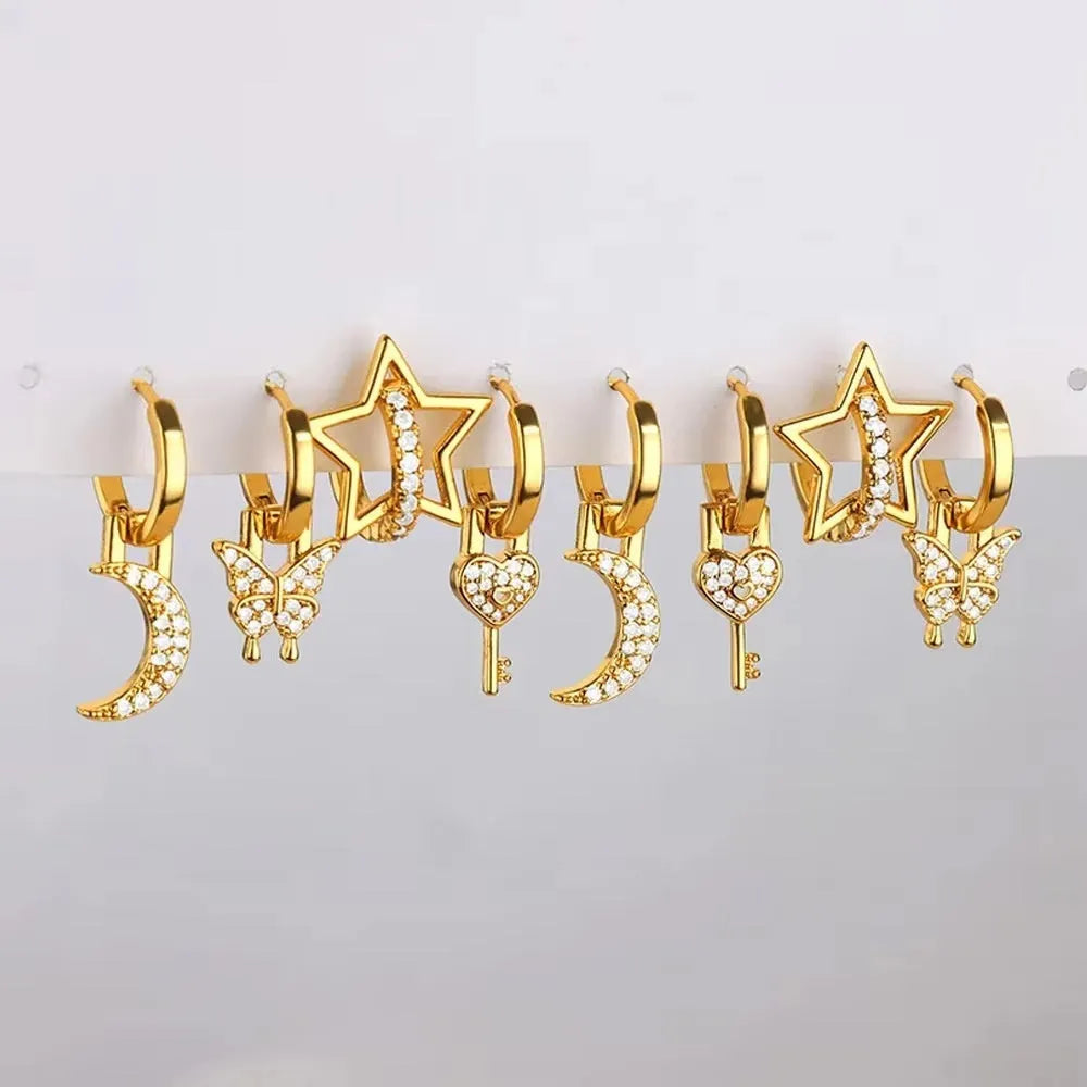 Women's geometric butterfly copper earrings with heart and star elements in multiple colour options