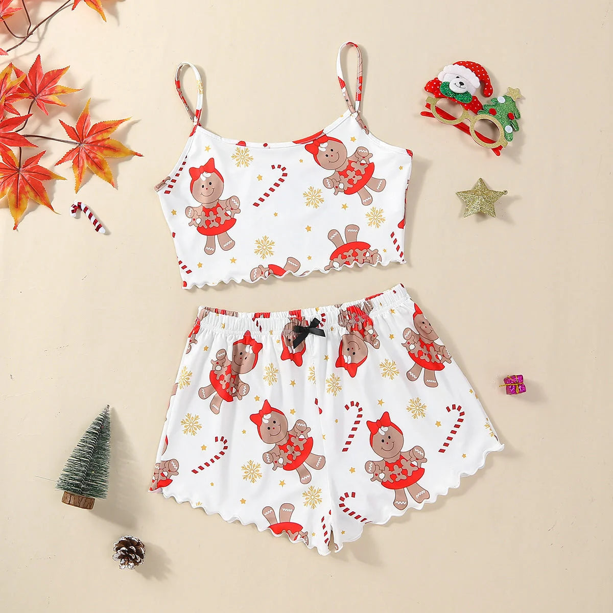 Women's Christmas-themed milk silk pajamas set with sleeveless top and shorts
