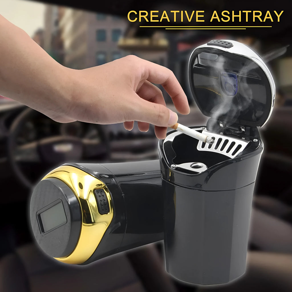Portable solar rechargeable car ashtray with LED light, detachable cover, gold finish, fits cup holder