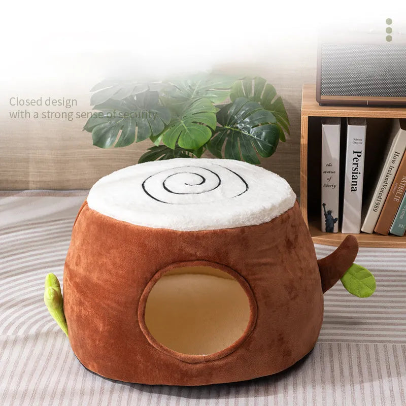 Four Season Universal Relief Pet Cat Nest in tree stump design, transformable double-layer, size options S M L