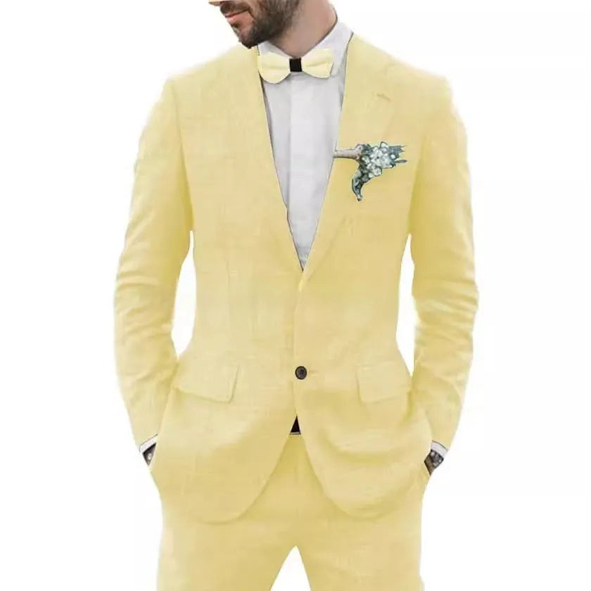 Men's slim fit two-piece suit in hemp blend fabric for weddings and parties in multiple colour options