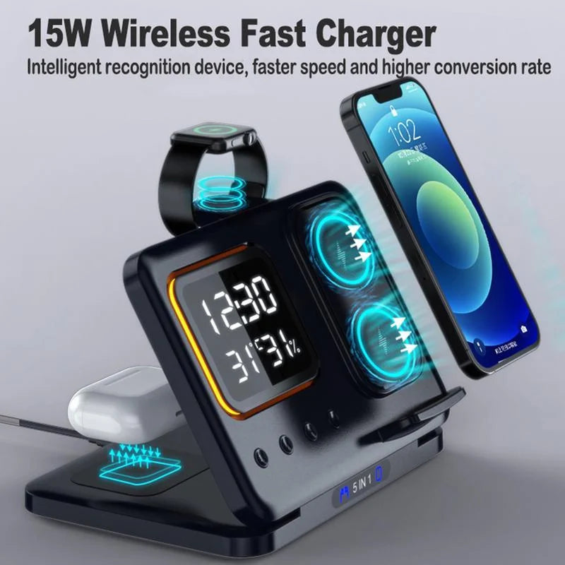 15W Wireless Charging Stand with LED Digital Alarm Clock and Fast Charging Dock