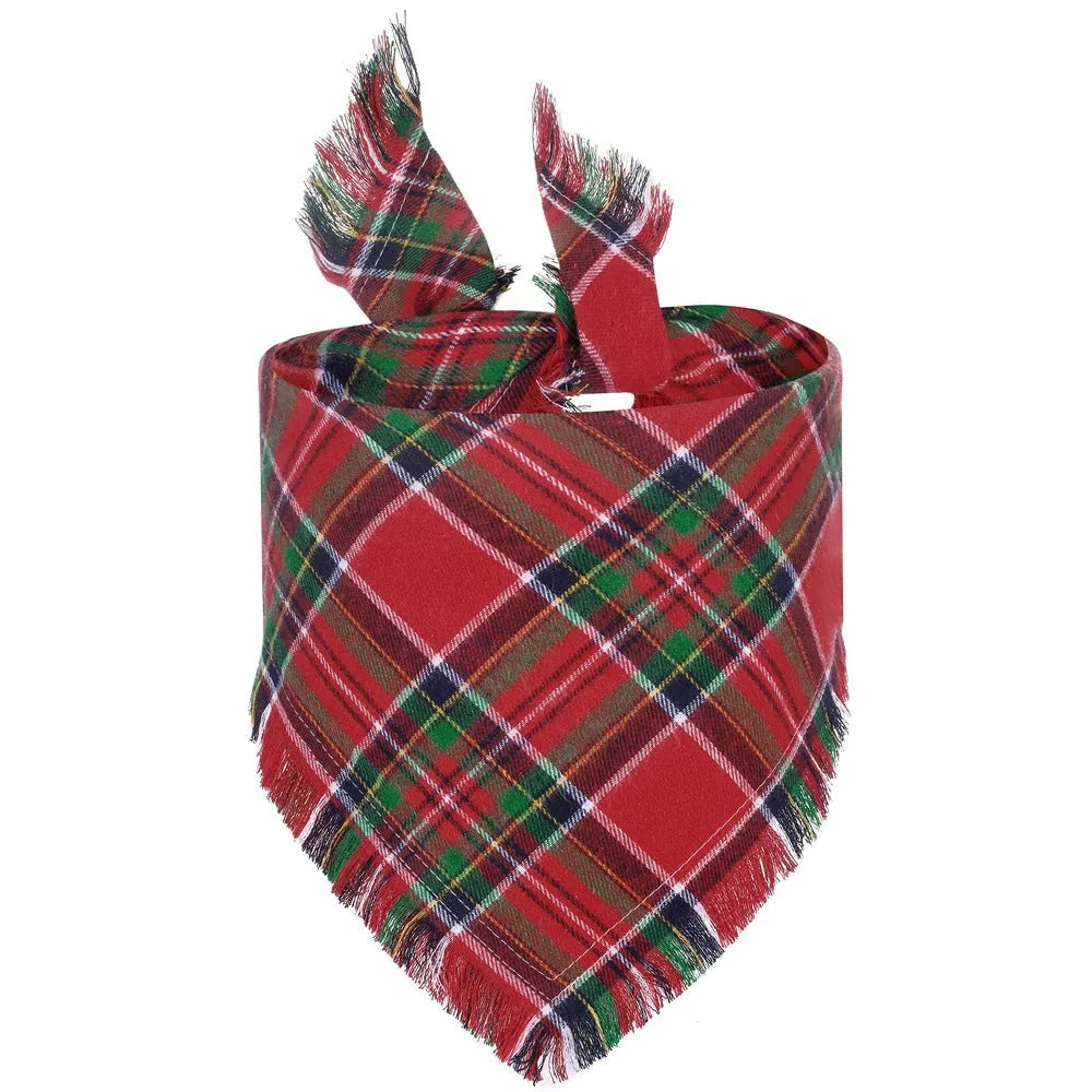 Classic plaid dog bandana with tassel edges in autumn colours on canine