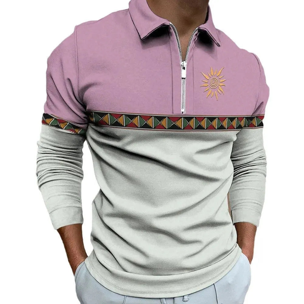 Men's retro colour print golf t-shirt with striped bird eye cloth fabric and zipper decorations