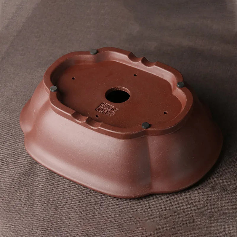 Handmade purple clay bonsai basin with classical Chinese design, 25cm diameter ceramic plant pot