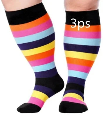 Plus-size compression socks in various stylish patterns for improved leg health and comfort