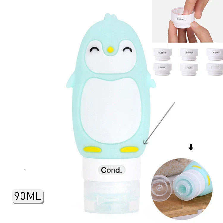 Portable travel bottles in various animal-themed designs for storing toiletries and liquids