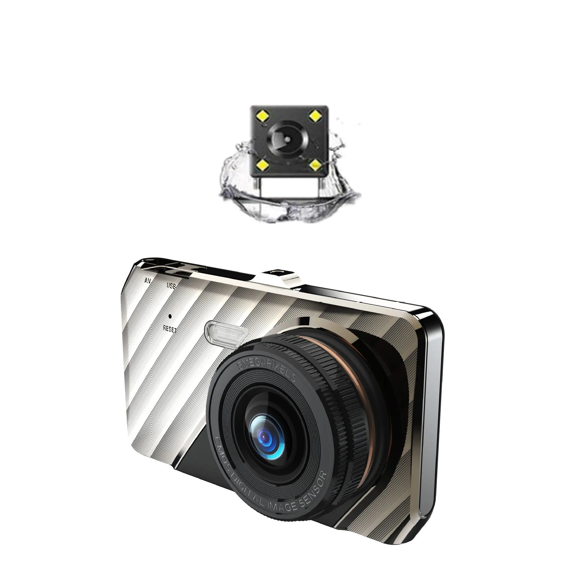 Black 4-inch touch screen dual lens car dashcam mounted on a windscreen