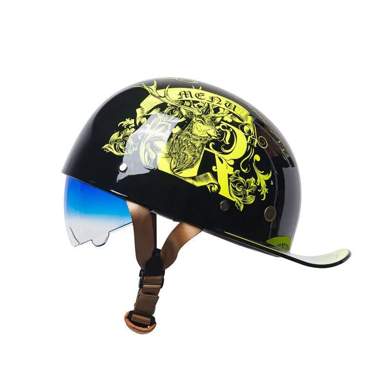 Men's retro half helmet for electric bikes in bright black gradient with blue lens, showing ABS shell construction.