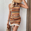 Women's sleeveless halter vest and short skirt two-piece set in orange plaid pattern made from polyester fibre