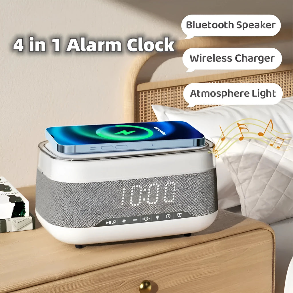White multifunctional alarm clock with Bluetooth speaker and wireless charging pad for mobile phones