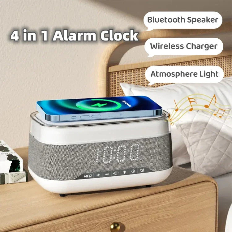 Multifunctional Bluetooth alarm clock with wireless charging, night light, and premium design for modern bedrooms