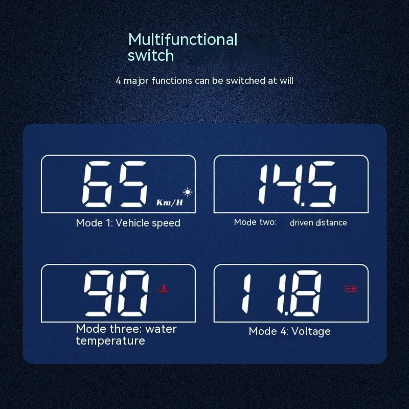 Black car head up display unit showing projected speed reading on 2 inch screen