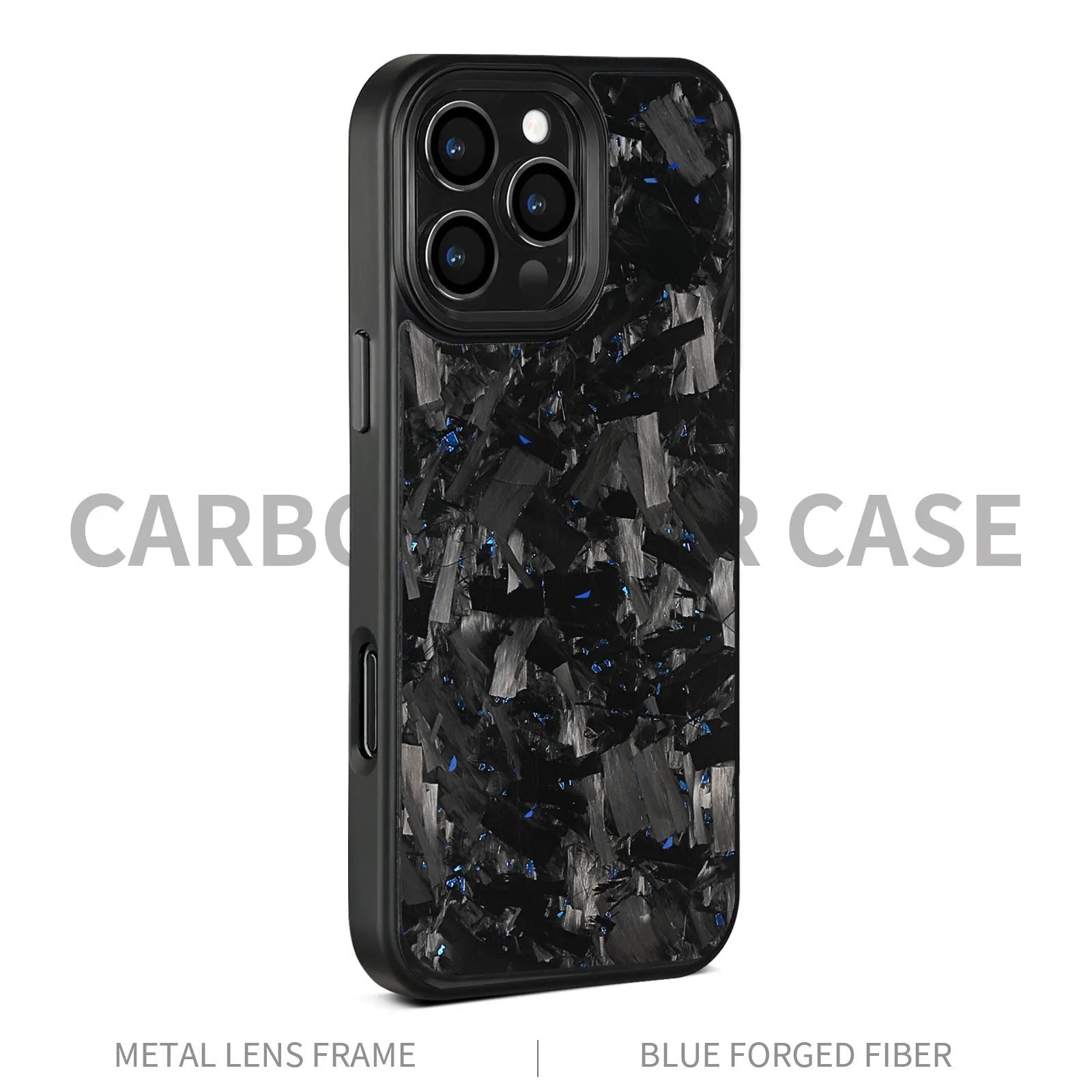 Forged pattern metal frame and carbon fibre protective case for iPhone 17, shown in black frame blue gold colour with magnetic feature.