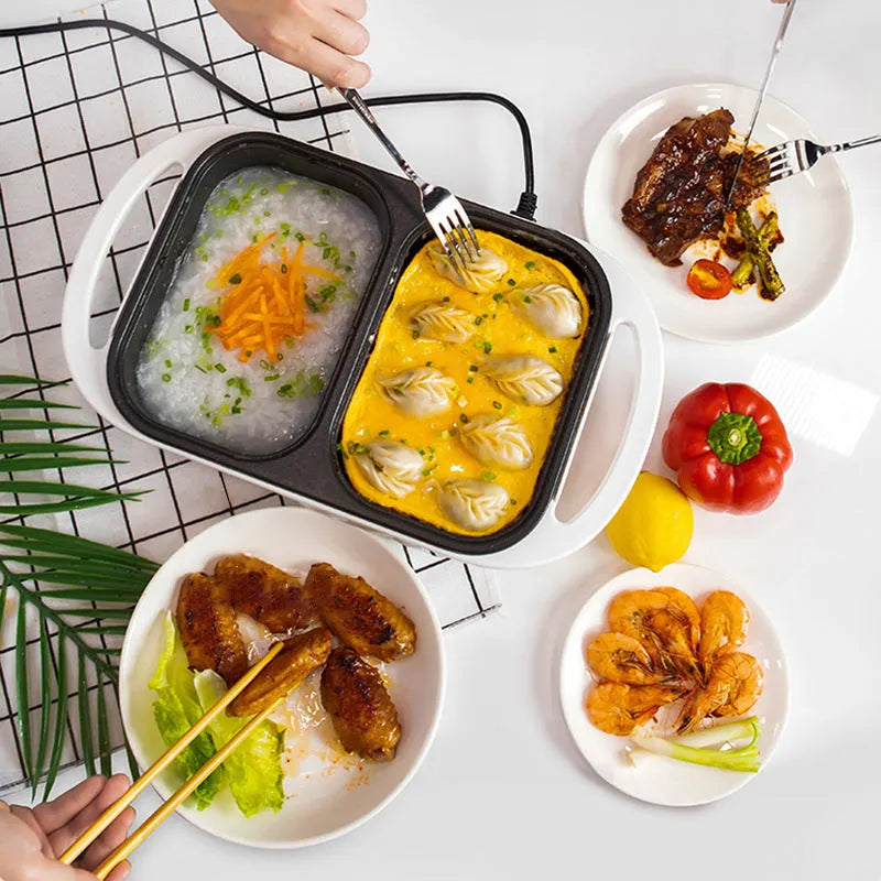 White electric hot pot frying oven with mechanical controls showing compact 390x220x120mm dimensions