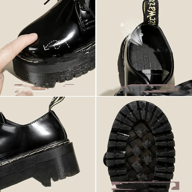 Black thick-soled women's leather shoes with cross-strap ribbons and lace-up closure on a white background.