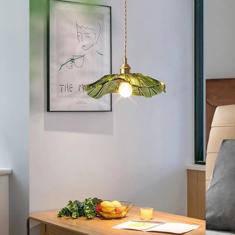 Nordic Japanese style Lotus Leaf Lamp with iron body and glass shade, shown as a pendant light
