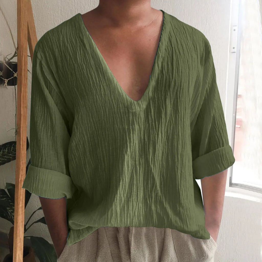 Men's V-neck long sleeve washed cotton t-shirt in solid colours with British style design