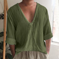 Men's V-neck long sleeve washed cotton t-shirt in solid colours with British style design
