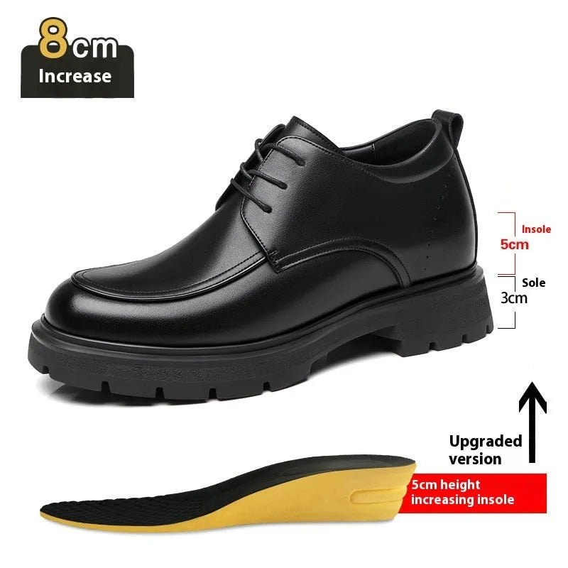 Height increasing formal leather shoes for men with 6cm lift, round toe, black colour, two-layer cowhide upper