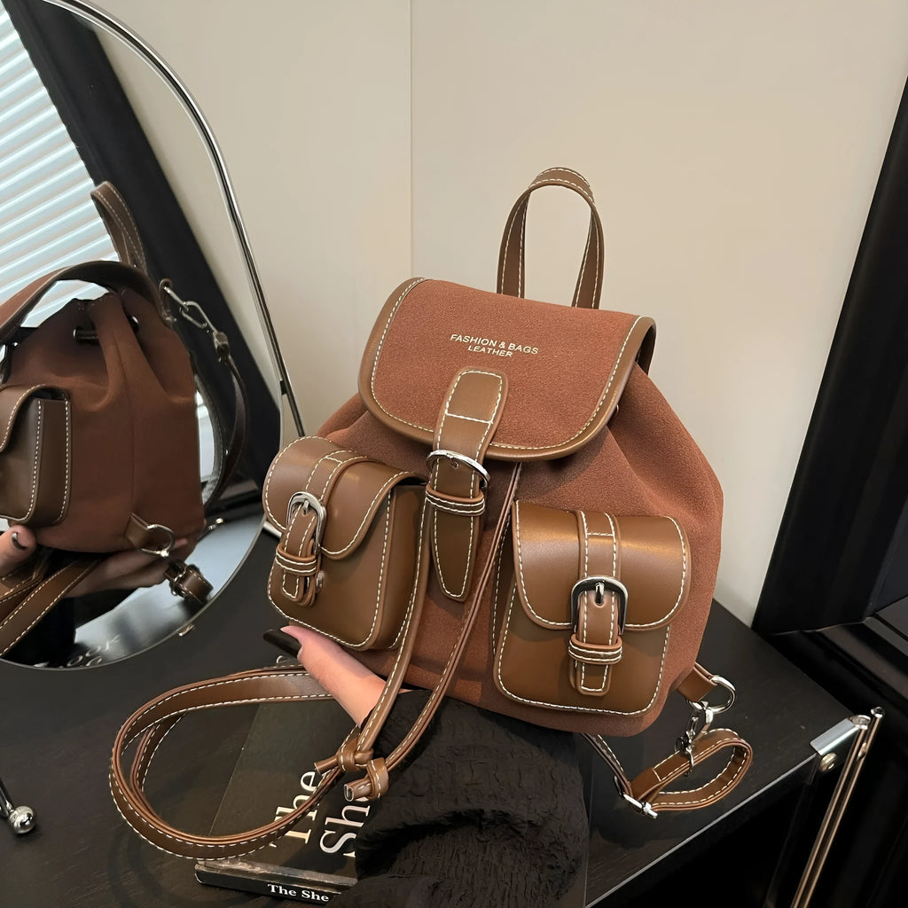 Urban simple PU daily commuter backpack with contrast stitching in black, brown, coffee, and khaki colour options