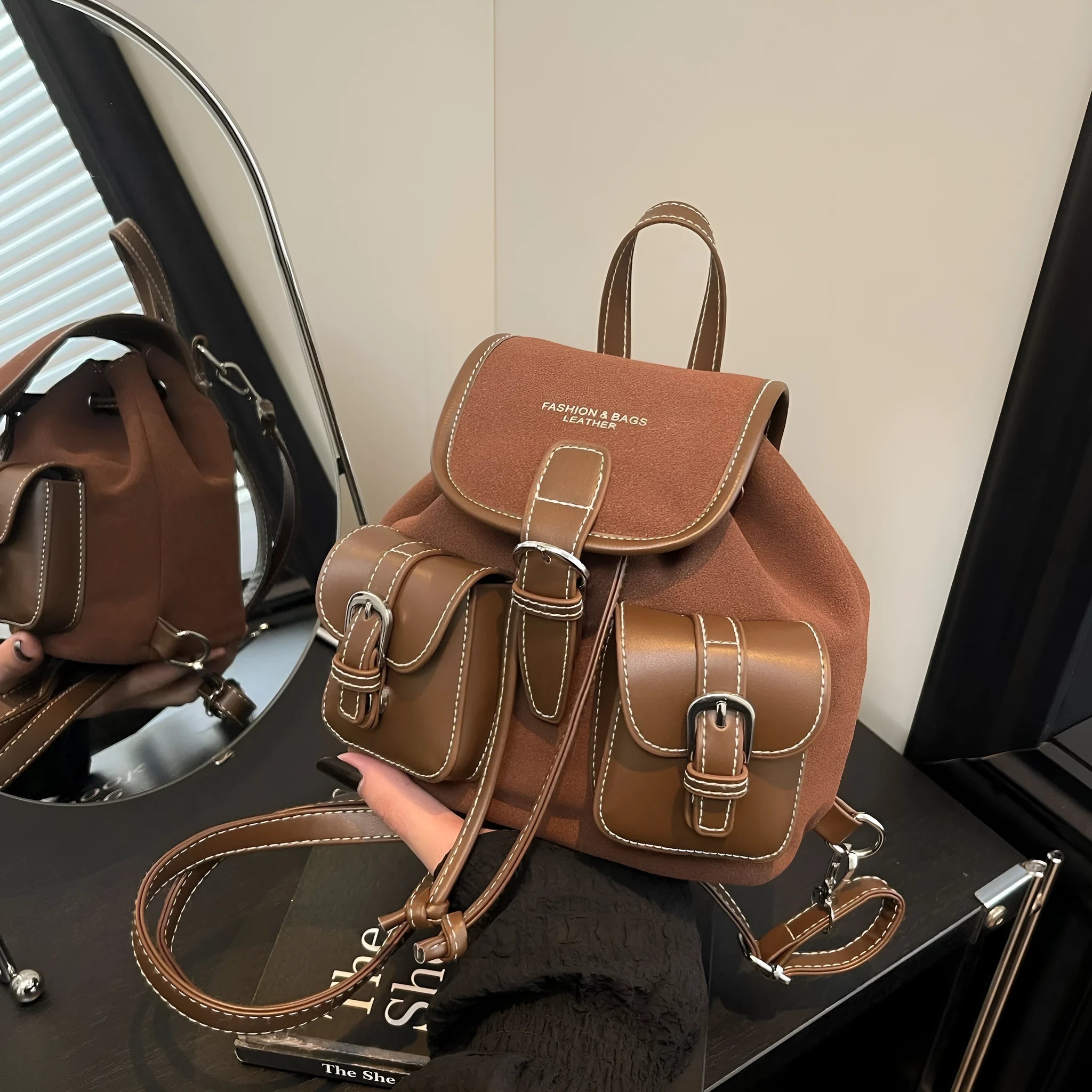 Urban simple PU daily commuter backpack with contrast stitching in black, brown, coffee, and khaki colour options